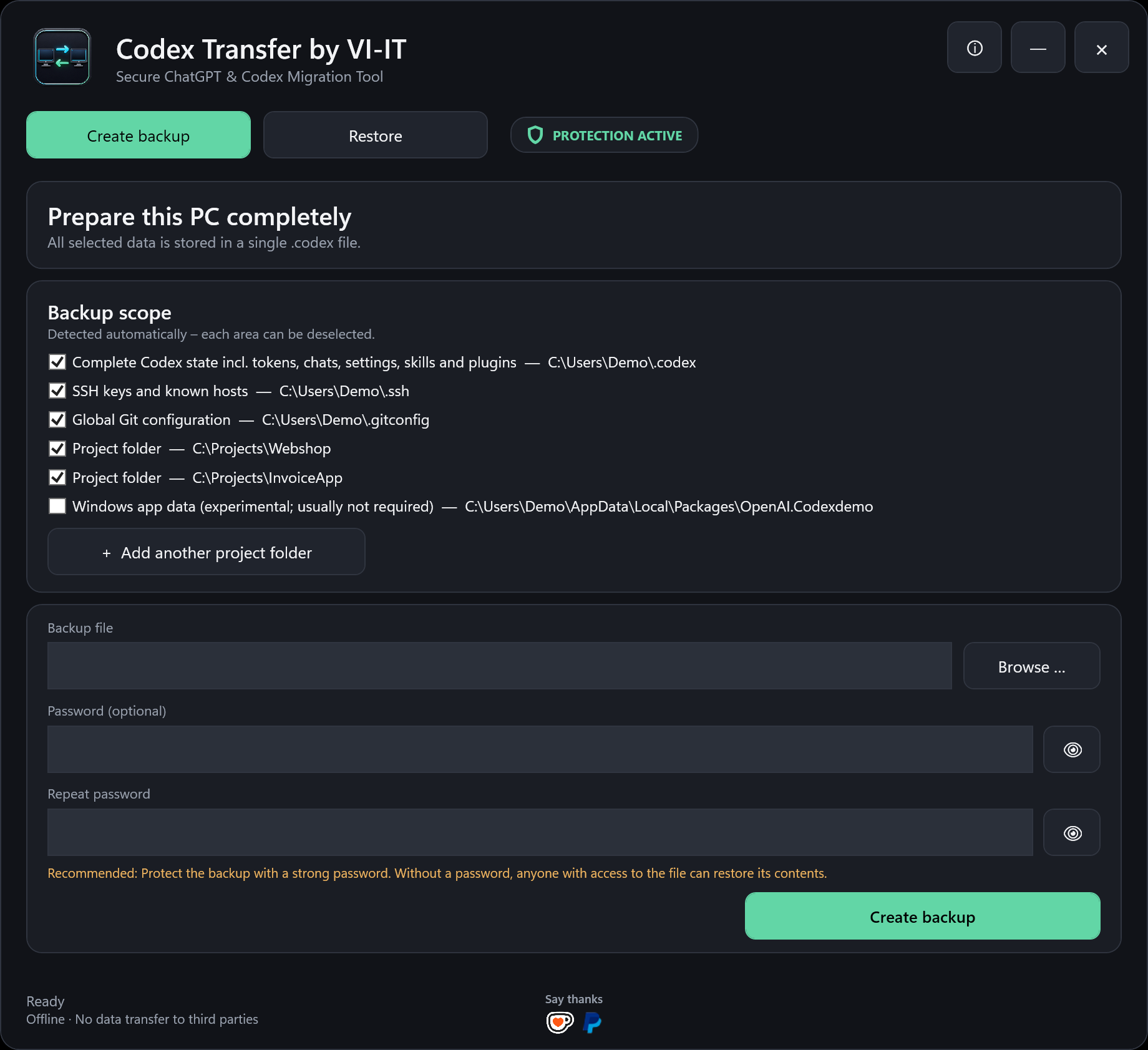 English Codex Transfer backup screen with anonymized demo paths