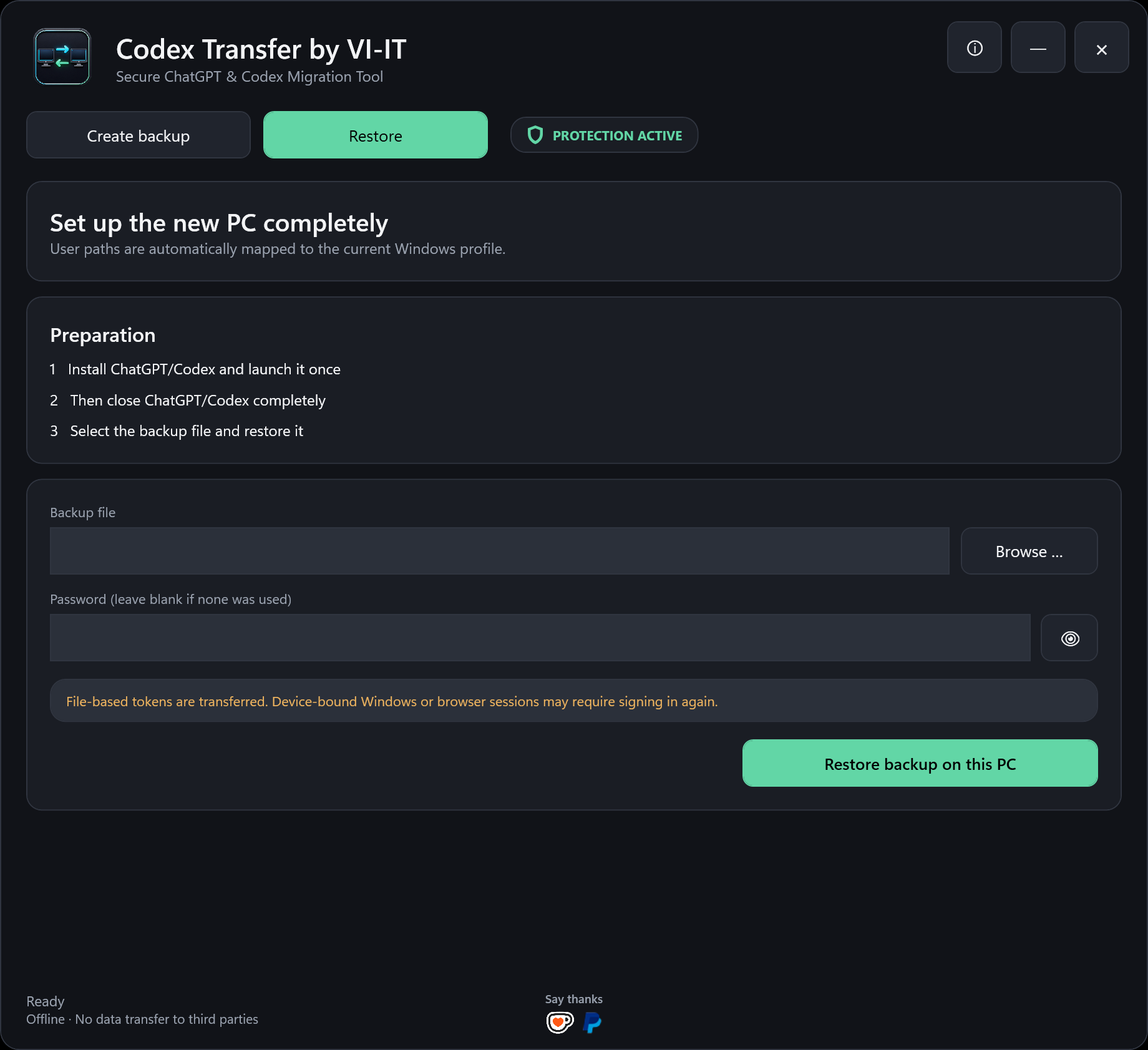 English Codex Transfer restore screen for a new Windows PC
