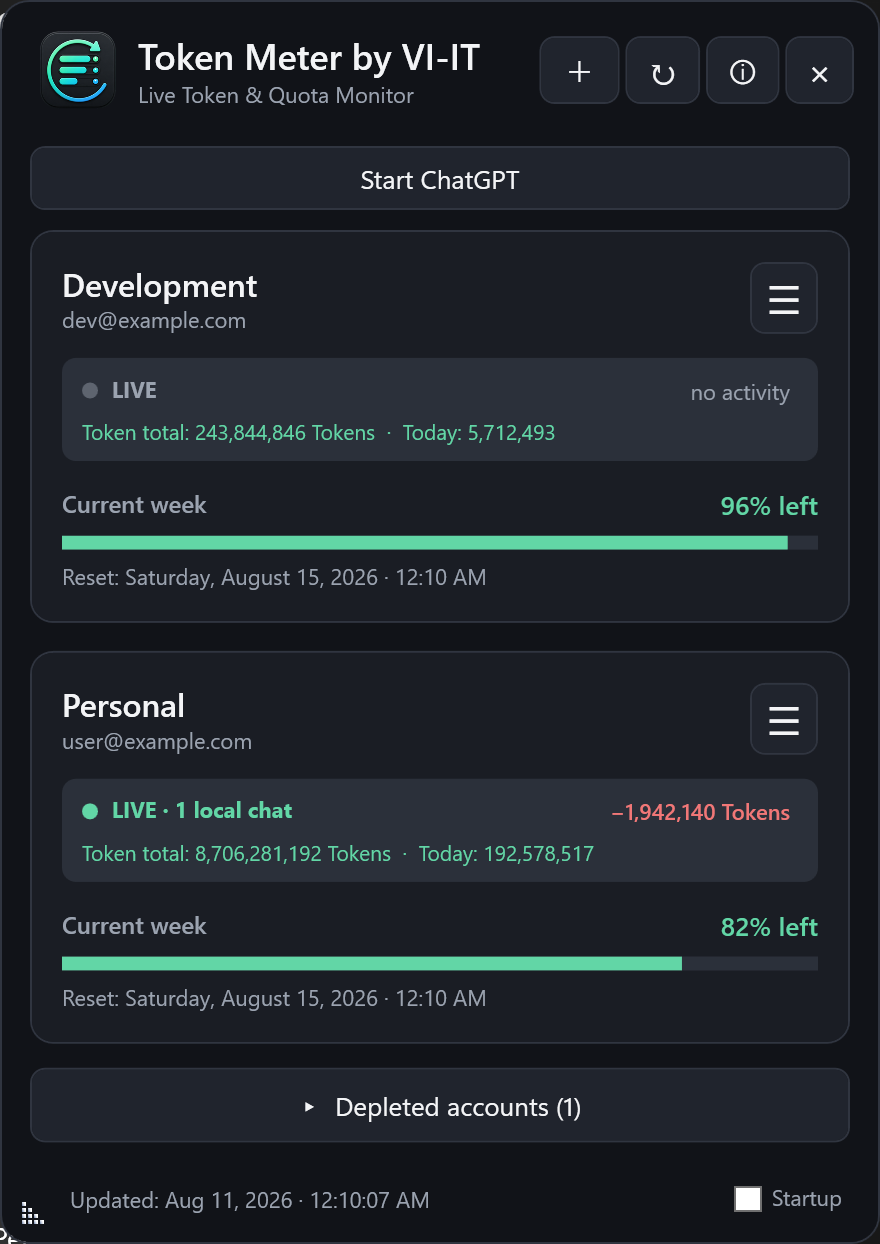 English Token Meter interface showing anonymized accounts and live local Codex activity