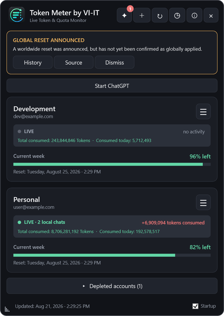 English Token Meter interface showing a persistent global Codex reset announcement and two active local chats